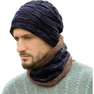 Mens Navy Blue Winter Warm Knit Skull Cap Neck Warmer Fleece Lined Hat Scarf Set